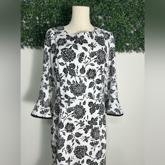 Nanette Lepore White Black Floral 3/4 Bell Sleeve Midi Dress Size 10 - Picture 5 of 12